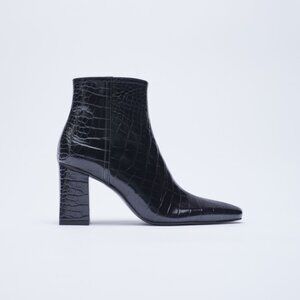 ZARA Croc Faux Patent Leather Chunky Block Heel Ankle Boots Women's Size 6.5 37